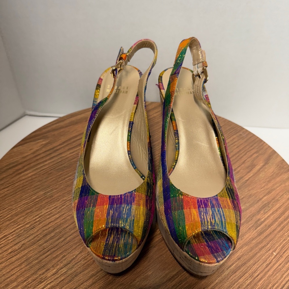 Stuart Weitzman Women's Slingback Multicolor Gingham Peep Toe Wedge Platform